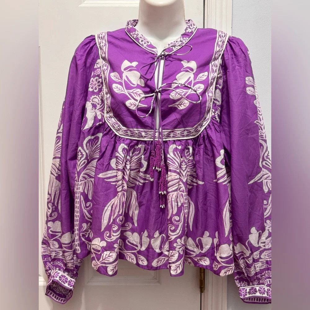 FARM Rio Purple white sweet garden top Tie Front Blouse size medium